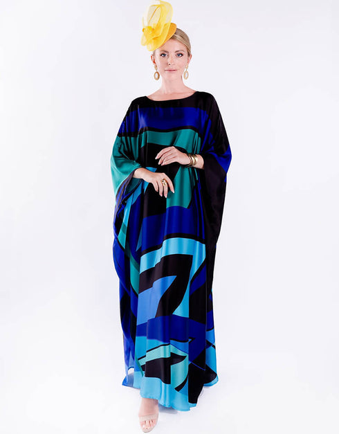 Curious Blue Heavy Designer Digital Printed Maxi Style Dress Closure View