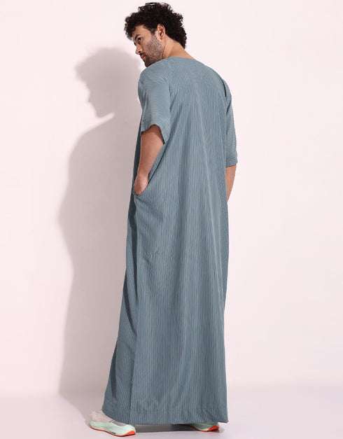 Slate Grey Thobe Persian Cotton Blend Digital Printed Work Closure View