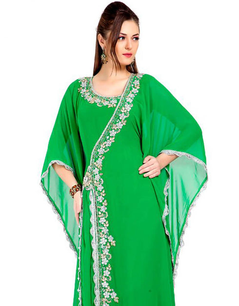 Dubai Green Georgette Hand Silver Embroidery Farasha