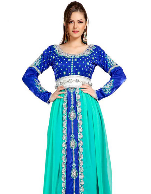 Muslim Mint Green Georgette Hand Silver Embroidery Maroccan