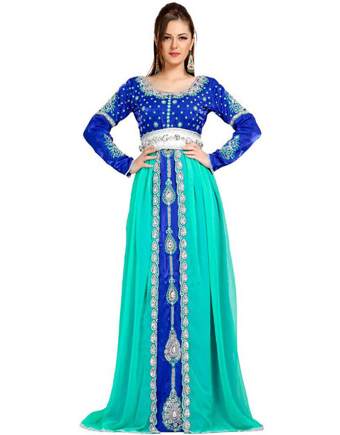 Muslim Mint Green Georgette Hand Silver Embroidery Maroccan