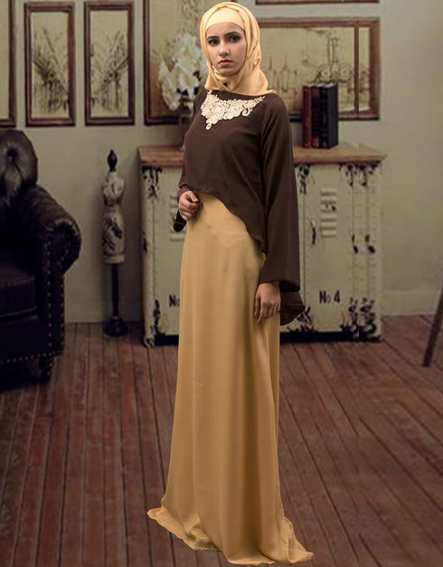 Islamic Formal Muslim Evening Brown and Beige Color Abaya