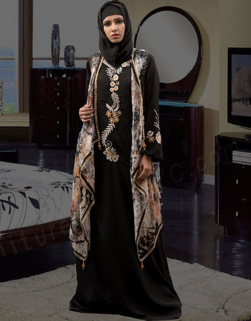 Arabic Multi Crepe Hand Multi Color Embroidery Front Open