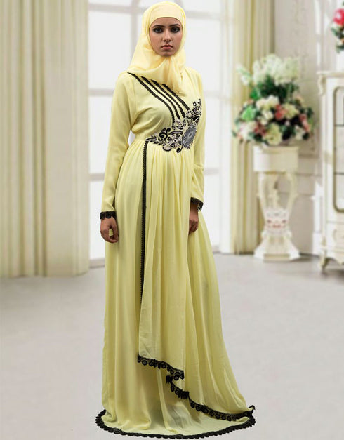 Women Lemon Yellow Georgette Hand Black Embroidery Kaftan