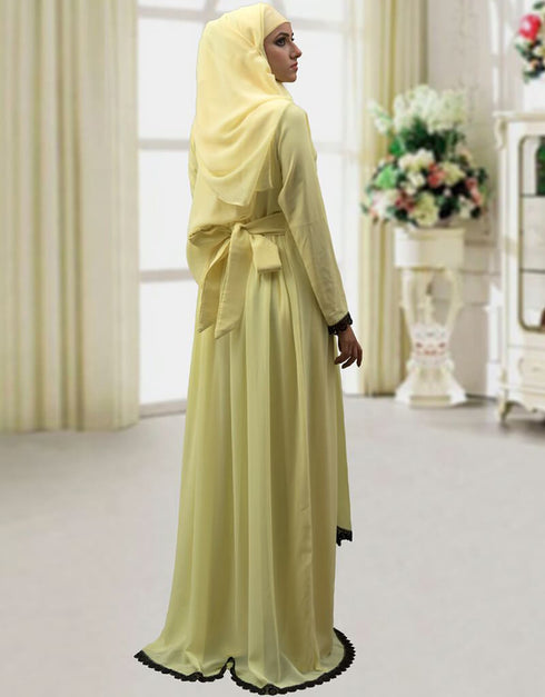 Women Lemon Yellow Georgette Hand Black Embroidery Kaftan