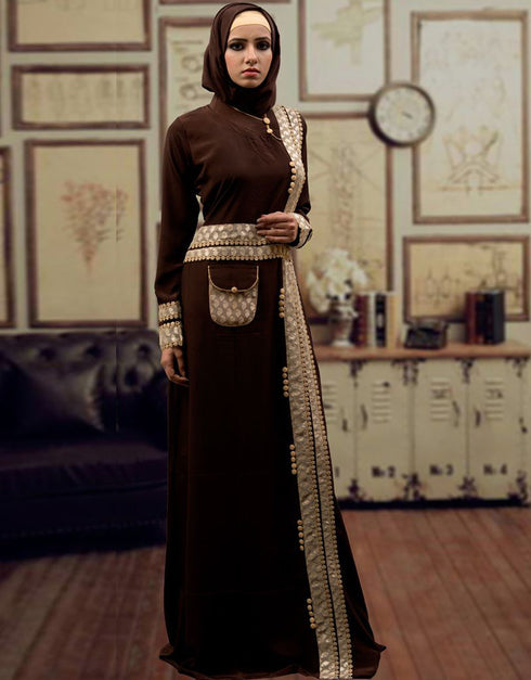 Muslimah Trendy Dubai Style Kaftan Brown and Beige Color