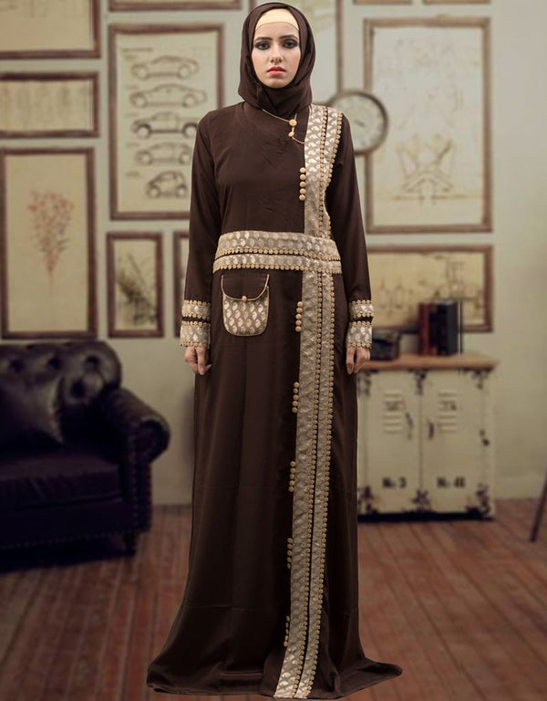 Muslimah Trendy Dubai Style Kaftan Brown and Beige Color
