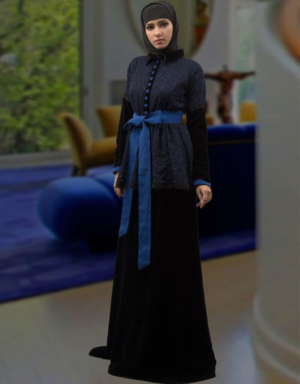 Trendy Dark Blue Brasso Hand Digital Printed Dubai Kaftan