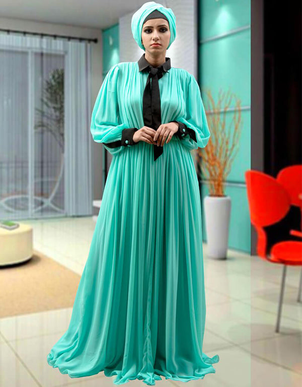 Modest Mint Green Georgette Hand Zari Embroidery Farasha