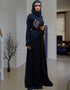 Islamic Dark Blue Brasso Hand Black Embroidery with Digital Flowers Printed Front Open Style Kaftan