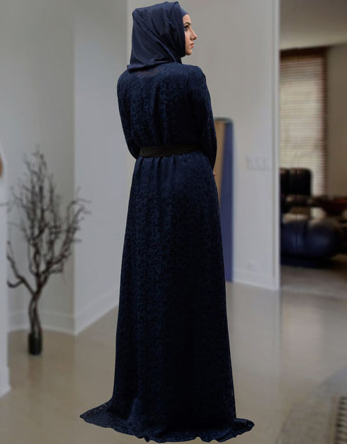 Islamic Dark Blue Brasso Hand Black Embroidery with Digital Flowers Printed Front Open Style Kaftan