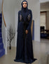 Islamic Dark Blue Brasso Hand Black Embroidery with Digital Flowers Printed Front Open Style Kaftan