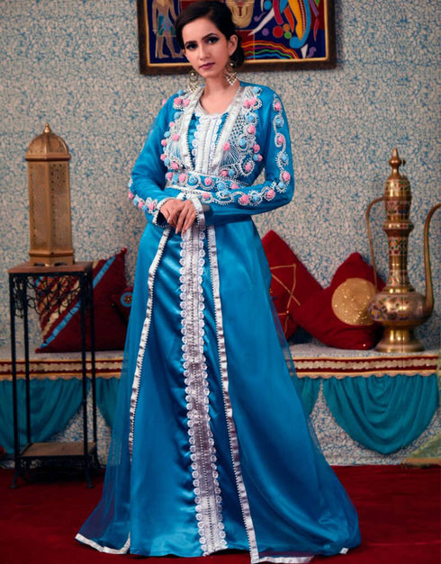 Arabic Firozi Color Silk Georgette Hand Silver Embroidery Moroccan