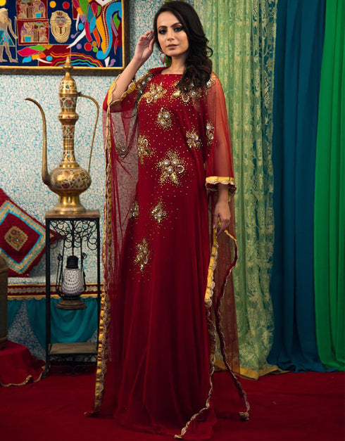 Women Maroon Color Net Hand Golden Embroidery Farasha