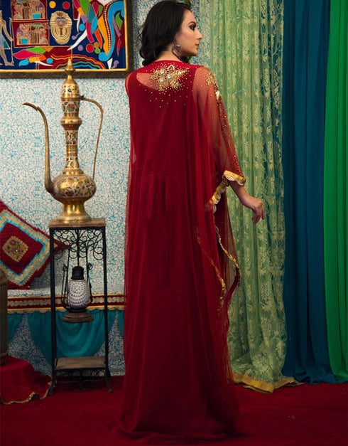 Women Maroon Color Net Hand Golden Embroidery Farasha