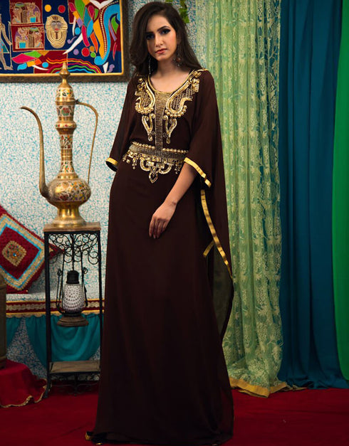 Chic Brown Georgette Hand Golden Embroidery Farasha
