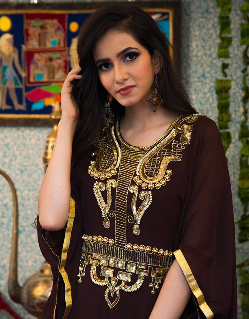 Modern Brown Georgette Stones Embroidery Farasha
