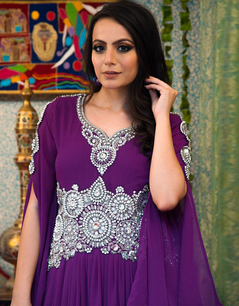 Trendy Purple Color Georgette Hand Silver Embroidery Moroccan