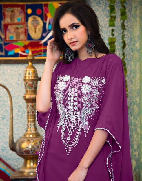 Modern Purple Color Georgette Hand Silver Embroidery Kaftan