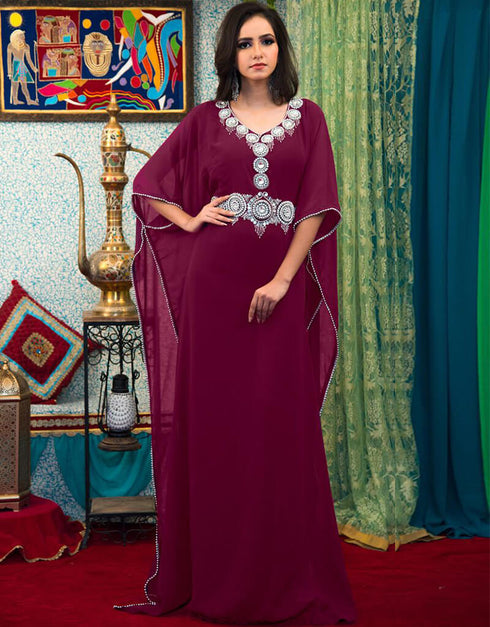 Chic Violet Georgette Hand Silver Embroidery Kaftan