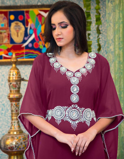 Chic Violet Georgette Hand Silver Embroidery Kaftan