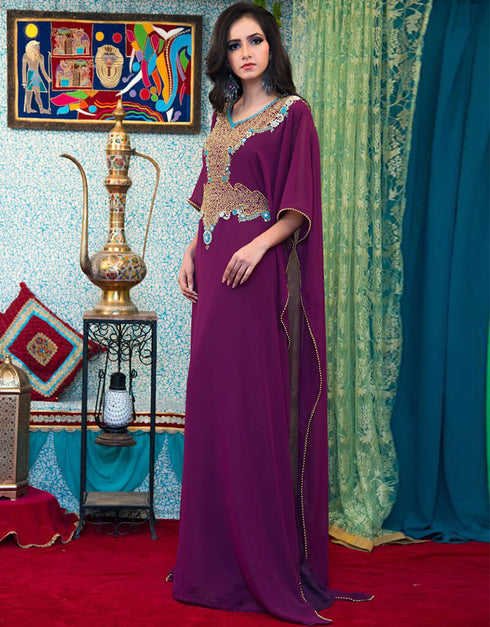 Trendy Violet Georgette Hand Copper Embroidery Bridal Farasha