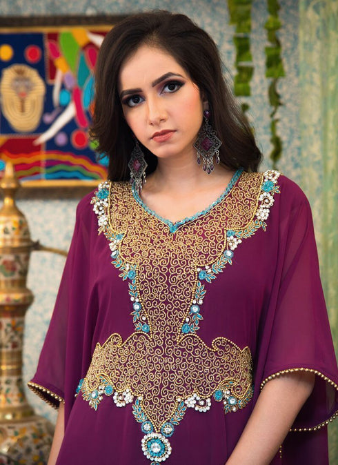 Trendy Violet Georgette Hand Copper Embroidery Bridal Farasha