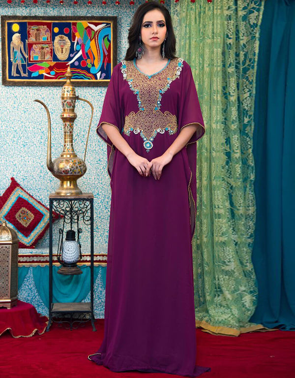 Trendy Violet Georgette Hand Copper Embroidery Bridal Farasha