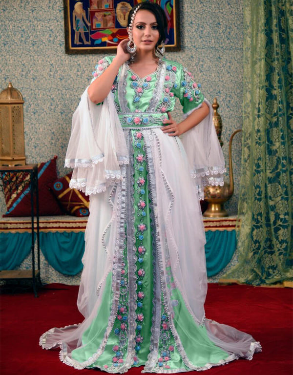 Muslim Mint Green Silk Handmade Stone Embroidery Takchita Style Kaftan