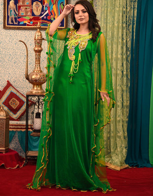 Islamic Green Silk Hand golden Stone Embroidery Kaftan