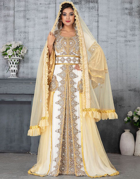 Arabic Off White and Brige Georgette Handmade Golden with Stone Embroidery Takchita