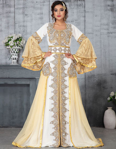 Arabic Off White and Brige Georgette Handmade Golden with Stone Embroidery Takchita