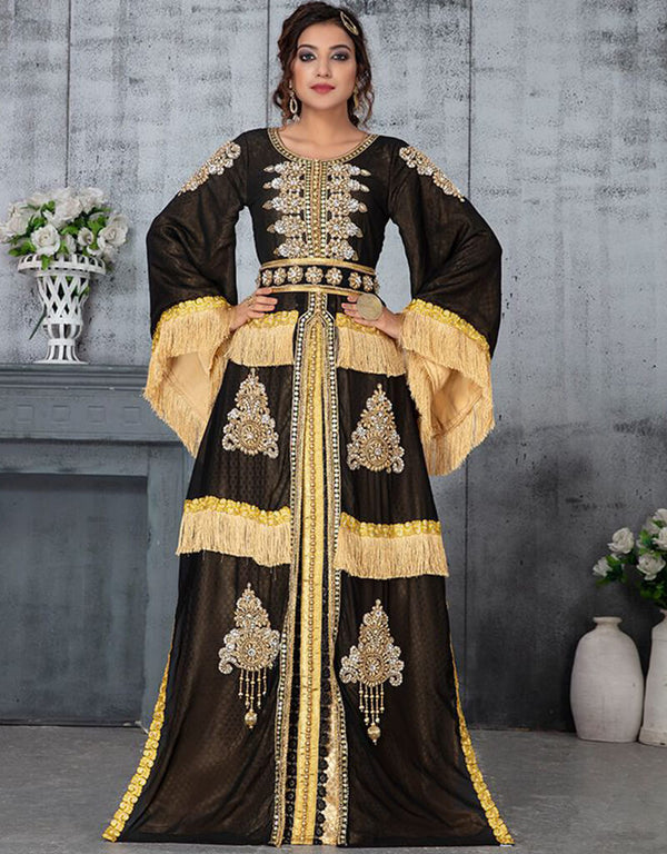 Women Heavy Black Georgette Hand Multi Embroidery Wedding Kaftan