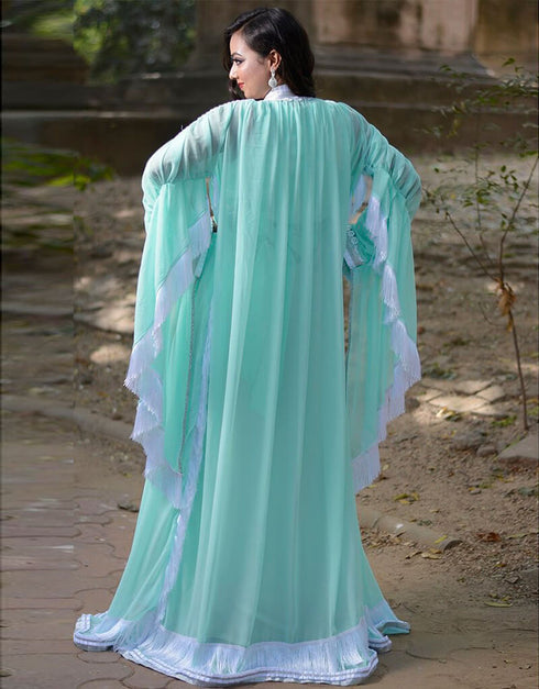 Trendy Green Georgette Hand Silver Embroidery Front Open Kaftan