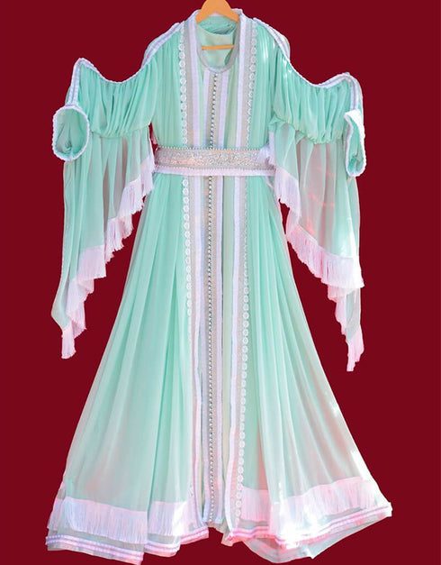 Trendy Green Georgette Hand Silver Embroidery Front Open Kaftan