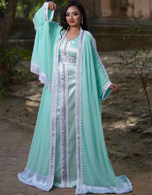 Trendy Green Georgette Hand Silver Embroidery Front Open Kaftan
