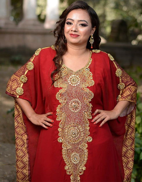 Modern Maroon Georgette Hand Golden Color Stones Embroidery Farasha