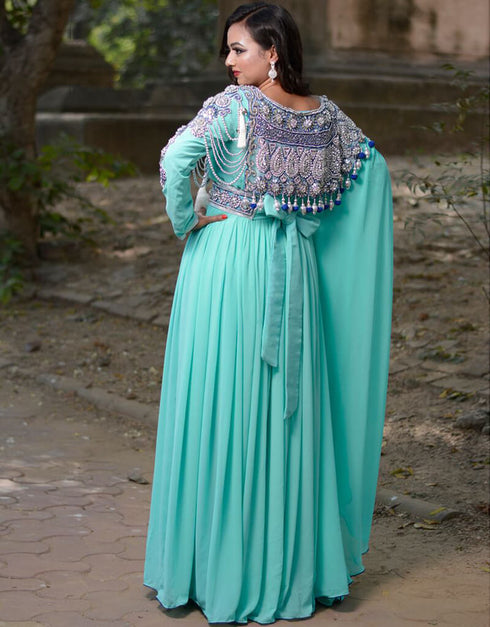 Dubai Green Georgette Hand Silver Stones Embroidery Moroccan Kaftan