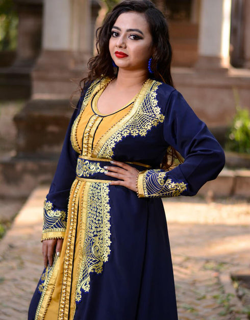 Muslim Dark Blue Crepe Georgette Hand Golden Embroidery Front Open Style Kaftan