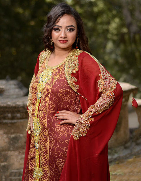 Islamic Maroon Georgette Hand Golden color Stones Embroidery Front Open Style Kaftan