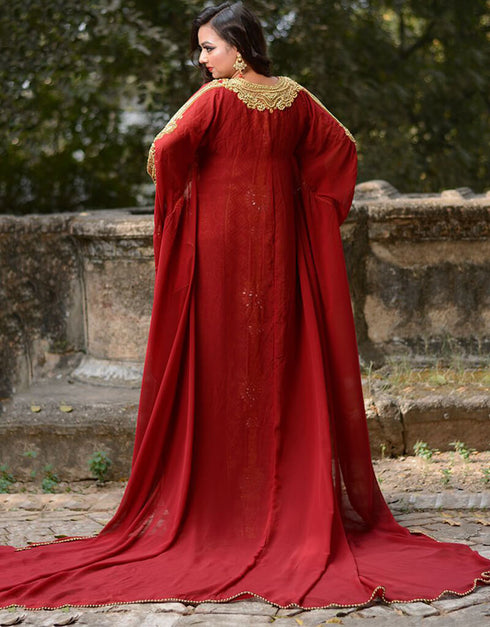 Islamic Maroon Georgette Hand Golden color Stones Embroidery Front Open Style Kaftan