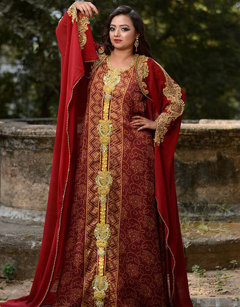 Islamic Maroon Georgette Hand Golden color Stones Embroidery Front Open Style Kaftan