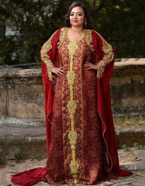 Islamic Maroon Georgette Hand Golden color Stones Embroidery Front Open Style Kaftan