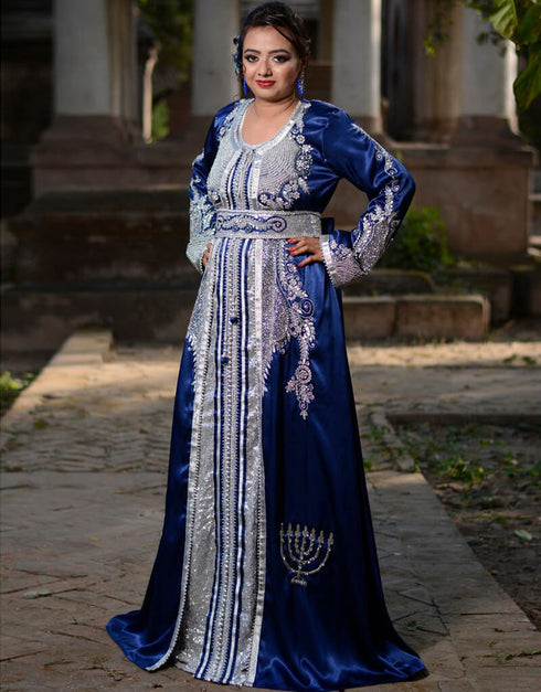 Arabic Dark Blue and White Color Silk Hand Silver Embroidery Kaftan
