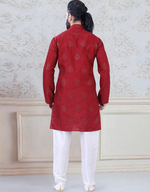 Red Kurta Sequence work on silk Chudidaar Closure View