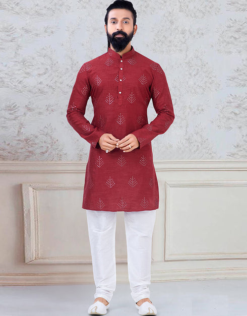 Red Kurta Sequence work on silk Chudidaar