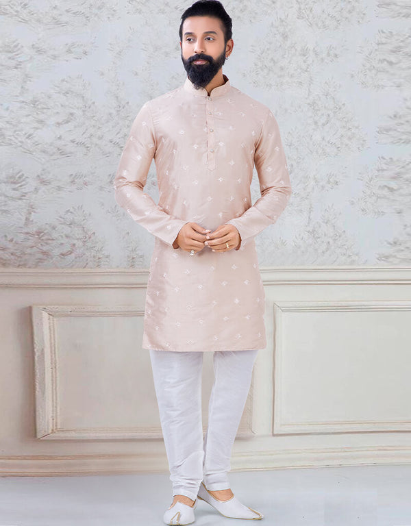 Peach Kurta sequence work on silk Chudidaar