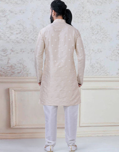 Light Peach Kurta sequence work on silk Chudidaar Closure View