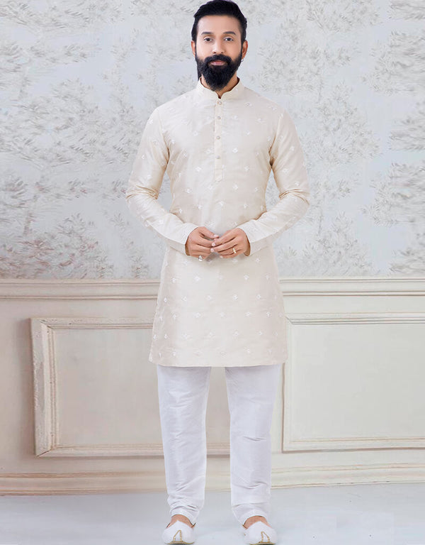 Light Peach Kurta sequence work on silk Chudidaar