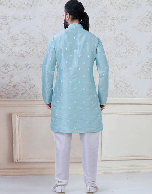 Sky Blue Kurta sequence work on silk Chudidaar Closure View